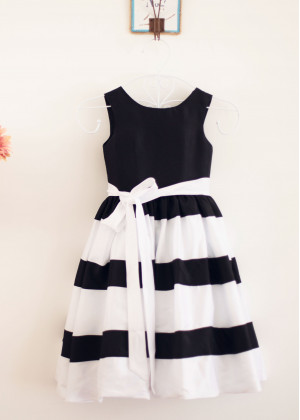 Black And White Taffeta Striped Flower Girl Dress